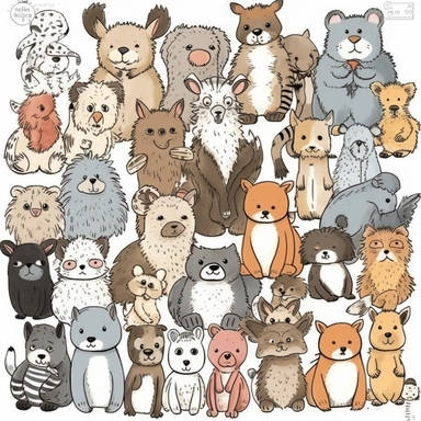 kids cute furry friends animal clipart, doodle art, white background