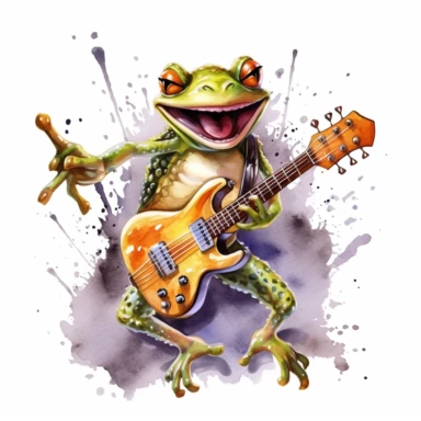 cute Frog character wearing rock music clothes and music element with happy face,front facing on isolated background,with happy face and expression,Animal Sublimation Clipart,no splash watercolor,white background, ultra detailed clipart, cut out image, colorful watercolor realistic, cartoon style, ultra HD, sharp and clean art