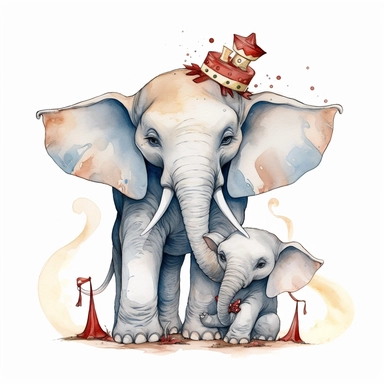 hand drawn Disney’s dumbo the baby elephant, oversized ears, loving his mother, 1920’s circus, glamorous, very detailed and realistic, watercolor, clipart style, white background with margins