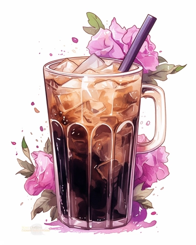 beautiful watercolor and black ink illustration of iced coffee in a glass surrounded by pink and purple flowers, watercolor and ink sketch, bright summer colors, epic composition, hand drawn, procreate style illustration, white background, detailed clipart, vector, 2d, 8k