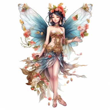 asian fairy, full body, realistic, beautful wings, flowers, small smile, fully dressed, cartoon style, Fantasy Clipart, PNG Clipart, Illustration clipart, 4K, extremely detailed
