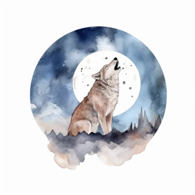 A wolf howling at the full moon, watercolor style, clipart image, no text, no symbols, no logo, on white background