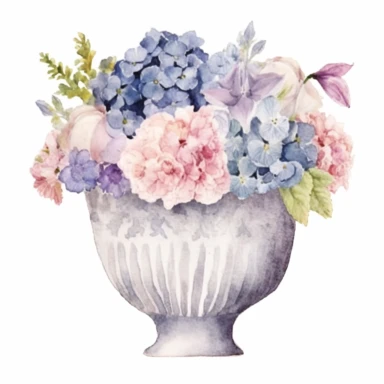 Design a dreamy watercolor clipart of an asian Stone planter with a Bouquet of fresh and dewy flowers such as lilies, roses, and hydrangeas arranged in a refreshing and crisp design composition, hand-painted with soft and graceful brushstrokes. Draw inspiration from the artistic finesse of Ethereal Petals Watercolors for a refined and ethereal depiction. isolated on a white background, hand-drawn illustration, hand-painted watercolor texture, 16k UHD resolution, intricately detailed, sharp focal