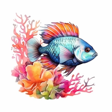 rainbow fish and coral illustration clipart, detailed, black outline, white background, 4k, watercolor, digital art