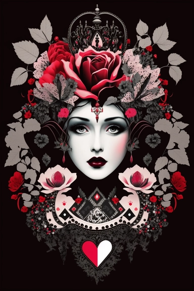 <https://s.mj.run/9tV4APT6Ydk> macro shot, haute couture dolce & gabbana illustration clipart of gothic Alice in Wonderland evil queen of hearts with black diamonds and flowers, pink color palette, white background,