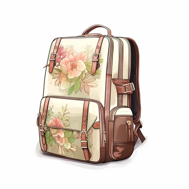 watercolor, hyper realistic, white background, white margins, 16k, ultra detailed clipart, cut out image, hand-drawn, whimsical manhwa style, ultra HD, sharp and clean art a vintage travel backpack adorned with delicate floral , capturing the romantic and feminine aesthetics often associated with vintage fashion and travel. earthy brown pastel