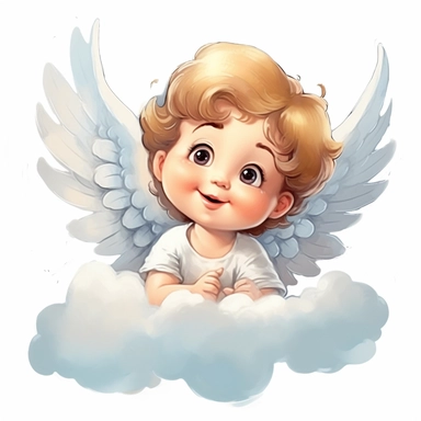 playful cartoon happy cute baby angel on a cloud e with big open eyes, white background, clipart, details