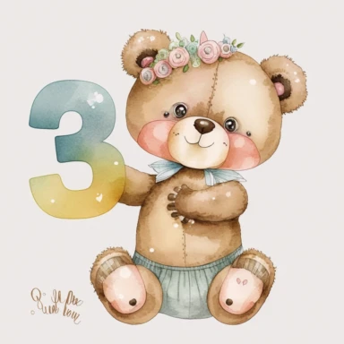 watercolor cute bears holding number 3 clipart