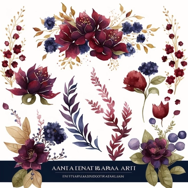 Burgundy Navy Watercolor Elegant Floral Clipart banner, Watercolor Flowers in the style of clipart banner. Burgundy Navy flowers clipart. white background
