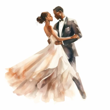 Ebony-skinned bride and brown-skinned groom, sharing their first dance, romantic and graceful, watercolor, Pixar style, Clipart on a white background.