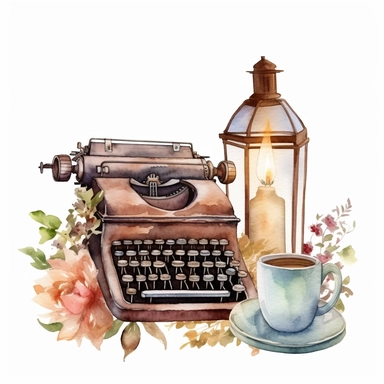 Typewriter Lantern Book Coffee Watercolor Sublimation Clipart, Clipart, white background, no watermark, no text, no word,
