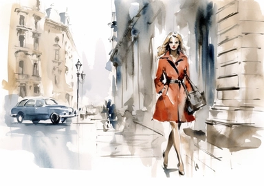 Fixed camera, Watercolor sketch, simple Clip art, An elegant woman in an elegant dress on the streets of Paris, Quentin Blake, 16k, 70s, elegant attire, femme fatale
