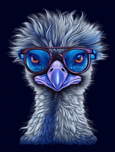 a portrait of a Emu wearing a white shirt and glasses, looking tired and done with life, vector illustration, clipart, outlines, portrait,