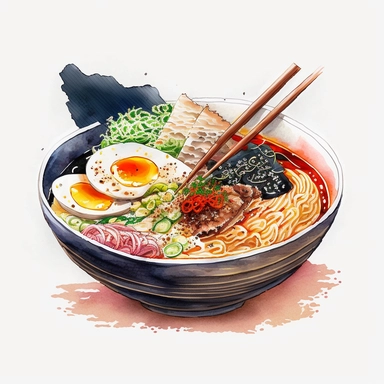 an bowl of japanese ramen, anime art, authentic ramen, watercolor, white background, clipart