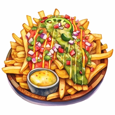 a delightful watercolor, hyper-realistic clipart image with a white background and white margins, showcasing a platter of loaded nacho fries--fries topped with cheese, salsa, guacamole, and jalapeños. The ultra-detailed, hand-drawn elements capture the vibrant colors and textures of the toppings. Use whimsical touches to add a playful charm, and bold shades of yellow, red, and green to evoke the fiesta flavors of this delicious snack.