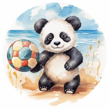 Create a watercolor illustration clipart of a playful cute Baby Panda Playing beach volleyball, with its full body visible. Use soft, flowing brushstrokes and a warm, inviting color palette to create an image that is both charming and whimsical. Incorporate intricate details like the motion of Baby Panda Playing beach volleyball to create a lifelike, realistic image. Can add other elements to the illustration like related item to play to create playful scene. Use white background to allow the wa