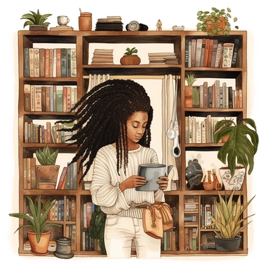 illustration of black woman, with an dreadlocks, and bookshelves, boho modern aesthetic, cottagecore, avacadopunk, florals, pastel and gold tones, flawless line work, low detail, clipart, white background