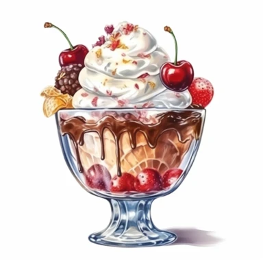 Watercolour of a Ice Cream sundae, Clipart,Cartoon,hyper realistic, intricate detail isolated on a white background, high quality, sublimation, detailed, cartoon style