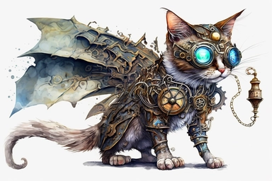 watercolor clipart, A beautiful cat with a steampunk-style mechanical bat on its back, hd, on white background,