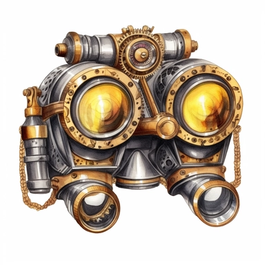 watercolor steampunk binoculars image, steampunk, dark gray and gold, intense colors, luxurious, victorian, clipart, watercolour, white background, detailed