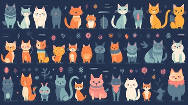 cats vector clipart vector cats cute animal collection, in the style of #screenshotsaturday, flat areas of color, flat color blocks, 1970–present, rough-edged 2d animation, lightbox, colorful animation stills