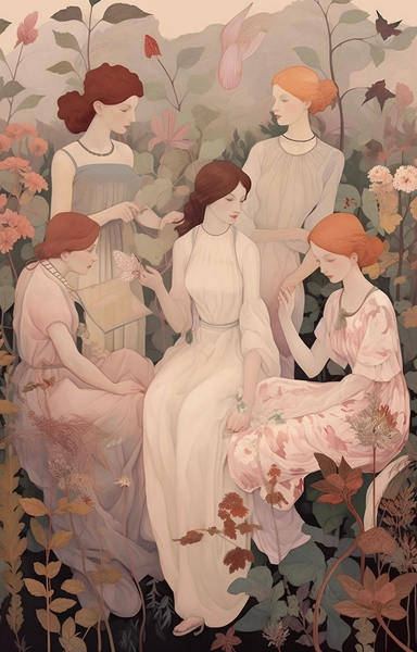 colorful clipart image of illustrations including girls in dresses seated, in the style of soft, muted color palette, ethereal foliage, dark white and pink, folkloric themes, high quality photo, mural painting, moyoco anno