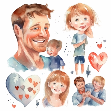 watercolor kids love for their dad, illustrations clipart set, simple, , cartoon elements , father's day elements, good anatomy and beautiful faces, handsome faces, different variants , separate elements with a margin