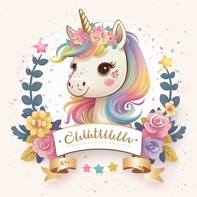 cute unicorn in chibi style with flowers in hair, colourful rainbow colours, well lite, with name plate ribbon with gold trim, watercolor clipart using procreate grain brush, svg white background