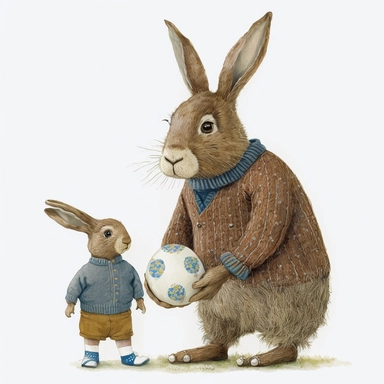 watercolour brown daddy Bunny wearing a blue sweater playing football with a baby bunny wearing a blue jacket by Angela Barrett, big shiny eyes, smilling, expressive faces, fathers day, detailed, clipart, dreamy, delicate, colorful, Watercolor paint, whit