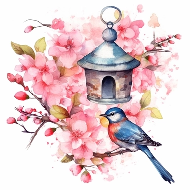 clipart, isolated on white background, beautiful cute Watercolor Spring bird Feeder, flowers and branches and leaves, ornated, pastel colors