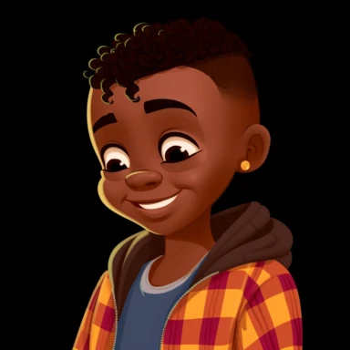 A happy little dark skinned boy toddler, with hoodie, fresh fade haircut, laughing, sideview, disney clip art