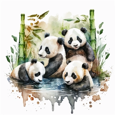 WATERCOLOR CLIPART REALISTIC FAMILY OF PANDAS CUTE PLAYING FOOLING AROUND IN NATURAL HABITAT