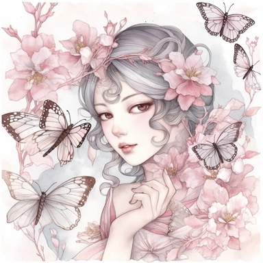 clip art Watercolor art of a cherry blossom branches, butterflies, with soft pastel hues, illustration in the style of Ayami Kojima and J.C. Leyendecker, pixiv, high quality, highly detailed