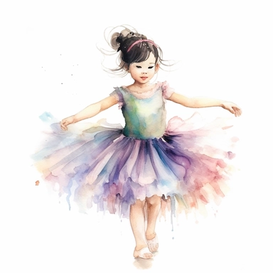 little asian girl dancing in tutu, watercolor, pastels, whitebackground, clipart