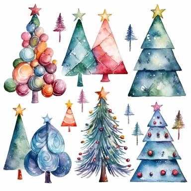 Watercolor christmas trees with christmas ornaments with gift boxes underneath, illustrations clipart set, simple, christmas colors , cartoon elements, different variants , candy cane, hollybell, bow, separate elements with a margin