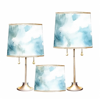 A delicate watercolor painting of chic powder blue, white, and gold three combo lampshade, office accessory arranged in an elegant composition, featuring soft and blended watercolor washes to create a harmonious and feminine aesthetic clipart PNG