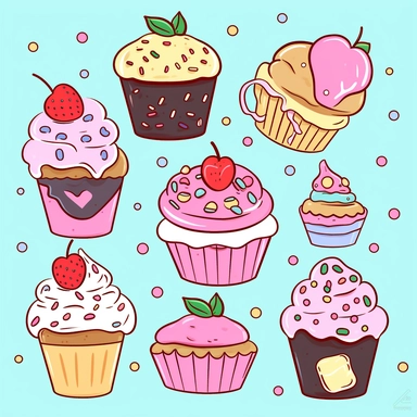 Sweet Y2K clipart illustrations of candy and desserts: Generate cute, colorful illustrations of cupcakes with frosting in various flavors and toppings such as sprinkles, chocolate chips, and cherries. Create adorable ice cream cones with pastel colors, decorated with hearts, stars, and swirls. Design charming donuts in cute shapes and colors, with toppings like rainbow sprinkles, chocolate drizzle, and candy hearts. Generate lovable candy bars with cute faces and fun packaging