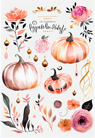 a pretty boho fun art collection on a white background with margins, pink orange and black Halloween pumpkins, watercolor, clipart,