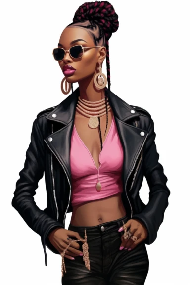 Illustration detailed clip art illustration on a white background, pose full length model black woman Musier Paris Kelsey biker jacket and chocker with body jewelry, long thick braided hair, cute nose, makeup, lips fashion pink, elegant classy, shiny colors, hyper details sticker art, elegant, modeling,