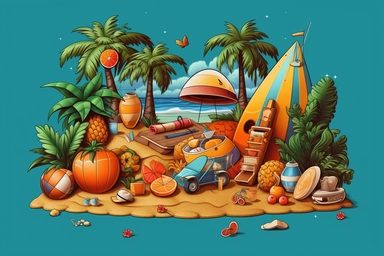 beach vacation clipart png ai download free vector graphics 3d, in the style of surreal still life compositions, 3840x2160, bold, colorful, large-scale, made of rubber, black background, high quality photo, packed with hidden details