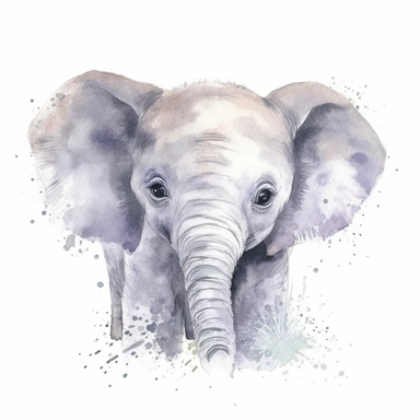 A delightful and charming watercolor clipart of an adorable baby elephant, designed for commercial use. This heartwarming composition captures the innocent charm of the African Safari Zoo animal, set against a crisp white background that accentuates its delicate watercolor textures and playful features. The baby elephant, with its gentle eyes and playful trunk, is skillfully painted in a soothing palette of grays and pastels, encapsulating the essence of nursery-themed art. The clipart emphasize