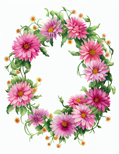 detailed vibrant watercolor attractive pink aster flower wreath with very wide middle white space , isolated on white background, realistic, clipart