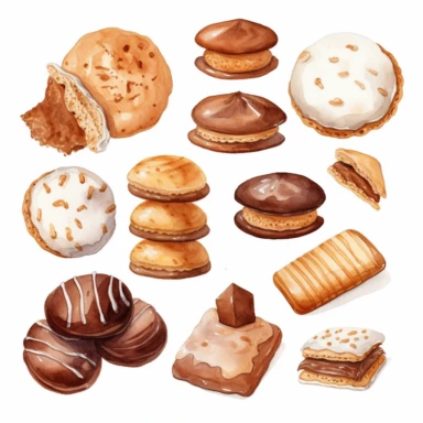 Imágenes prediseñadas de galletas de acuarela. Dulces y postres clipart. Galleta con chispas de chocolate. hand painted ilustration, white background