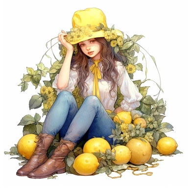 front illumination of ultra realistic watercolor of full body of an insanely beautiful Edwardian era farm girl, sitting on the field with some lemons next to her, lemon themedhighly detailed and realistic, insane quality, mystic, wiccan, art nouveau art style, clipart witchcore dreamcore cottagecore white background no text, isolated on white, ghibli style, watercolor illustration, award winning