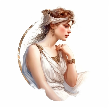 beautiful stunning pretty vintage greek goddess character, paint art style, clipart, white background, superrealistic, one of a kind