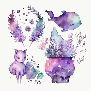 watercolor aquarell Eine Clipart-Illustration eines Schädels in leuchtendem Lila, der auf einem Hintergrund des Sternenhimmels platziert ist. Der Schädel ist detailliert und gut gestaltet, mit realistischen Augen- und Nasenhöhlen. Die Farbe des Schädels hebt sich von dem dunklen Hintergrund ab, während die Sterne in verschiedenen Größen und Helligkeiten glitzern und funkeln.