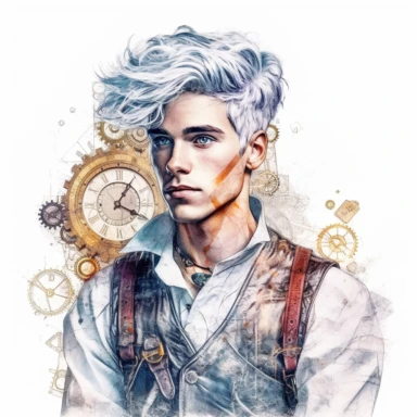 beautiful stunning handsome steampunk young man, he has coloured hair, paint art style, clipart, white background, superrealistic, one of a kind