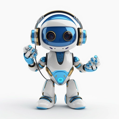 please create pixar style character clipart of happy robot wearing a headset in dubai colors