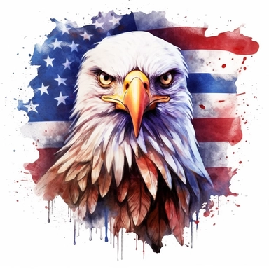 A Magical american eagle with the American flag illustration with white background, 4th July atmosphere, watercolor, oil, full colors, American flag behind, vectorized with white background, 8k, white background Sublimation Clipart,Cartoon,hyper realistic, intricate detail, illustration style,high solution,on the white background