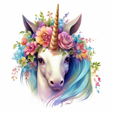 complex water color floral kid unicorn clipart, cuteness in eyes, highly detailed and contrast and high resolution image, high definition, unicorn going to jungle and intense and pleasing colors